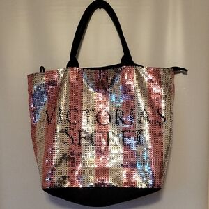 Victoria's Secret Pink and Black Tote Bag with Sequin Design